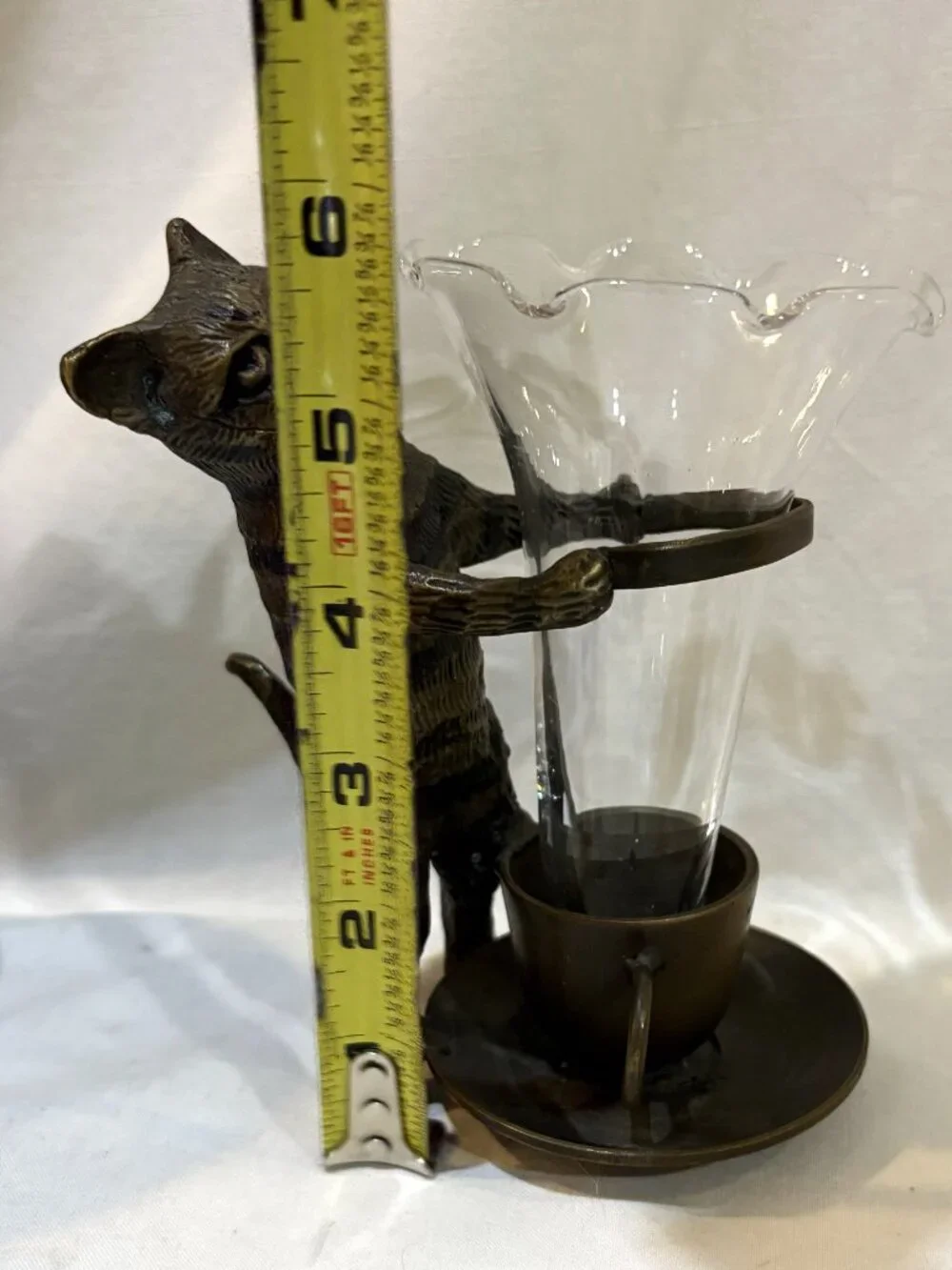 Cast Iron Cat Holding Clear Glass Vase
